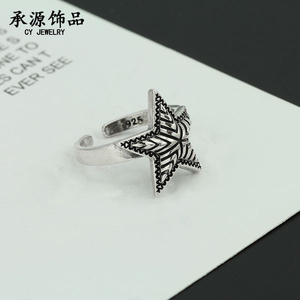 

thai silver open five pointed star punk old women's ring, Golden;silver