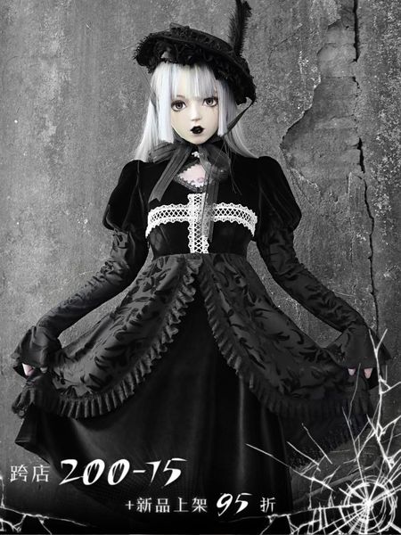 

casual dresses autumn winter girls vestidos halloween costume gothic dark black velvet lace puff long sleeve hollow out stand collardress pu, Black;gray