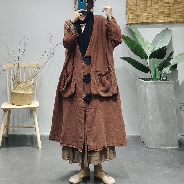 

women's trench coats 2021 women autumn winter loose casual long ladies retro coat v-neck button big pocket, Tan;black