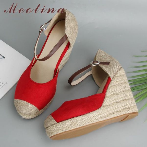 

meotina espadrille sandals women platform wedges shoes bohemia ankle strap high heels two piece red blue big size 34-43, Black