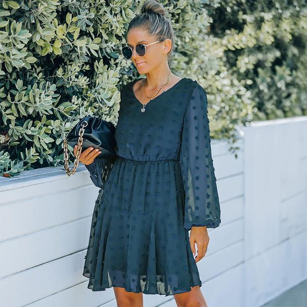 

casual dresses 2021 women mesh dress for ladies v-neck long sleeve midi autumn vestido fashion a-line clothing, Black;gray