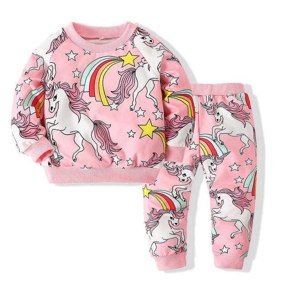

toddler unicorn patterns 2pcs clothes set for girls cute rainbow knitted cotton printing outfit causal spring clothing 210529, White