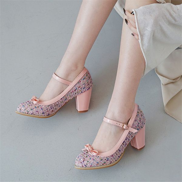 

dress shoes comfy mary jane high fashion round toe buckle women cute bow knot square heel pumps black pink vf7r