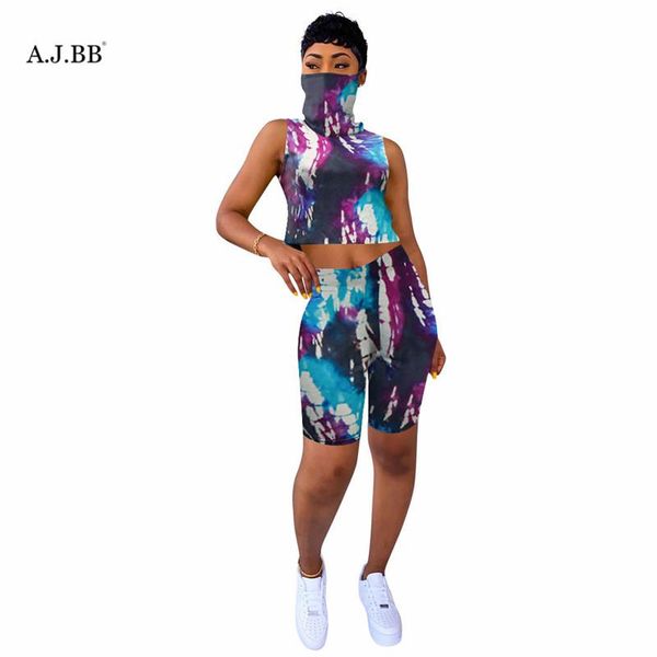 

european summer print women's sports suit fashion slim high neck mask sleeveless vest and shorts two piece set tracksuits, Gray