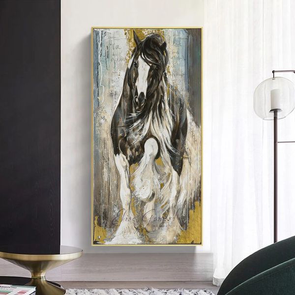 Pintura a óleo do cavalo branco sobre imprimiças de lona imagens de parede de fotos para sala de estar moderna decoração de casa dourada cuadros sem moldura