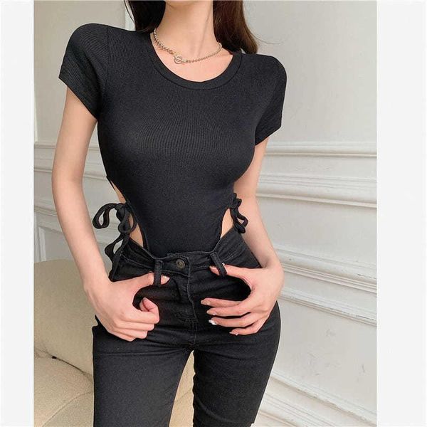 

women's t-shirt bind dew waist short-sleeved jumpsuits 2021 summer bodysuit o-neck casual fashion t shirts for women, White