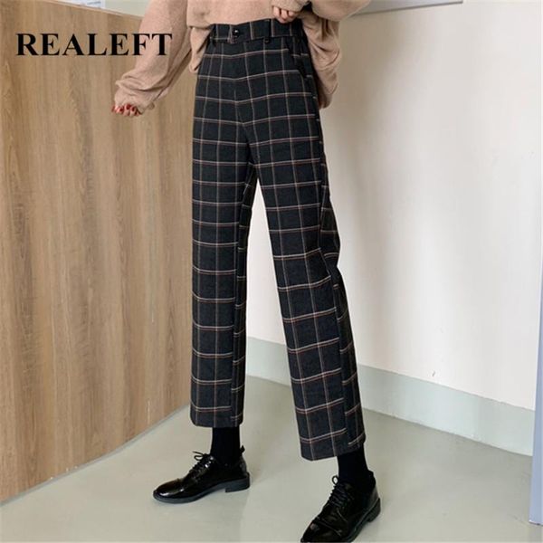 

women's pants & capris realeft 2021 winter woolen vintage autumn high waist pockets thicken warm ankle length casual trousers female, Black;white