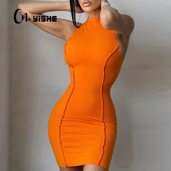 Cnyishe sem mangas casuais moda mini vestidos magro verão o-pescoço mulheres bodycon neon laranja vestido streetwear vestidos vestes 210419