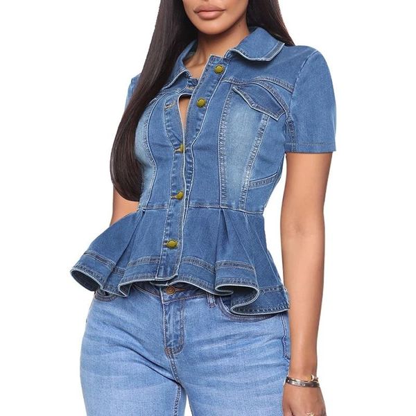 

women's jackets summer denim jacket for women 2021 short sleeve buttons slim vintage jeans coat fashion ruffle hem casual streetwear, Black;brown