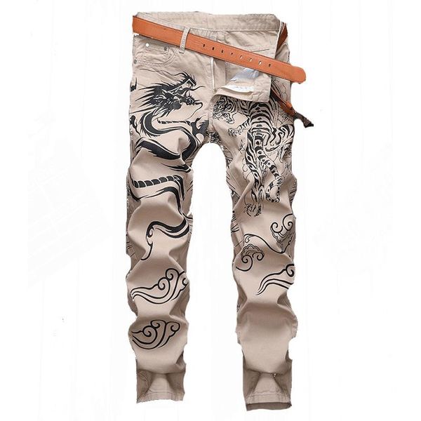 

men's jeans printed youth fashion slim casual personality pants, Blue