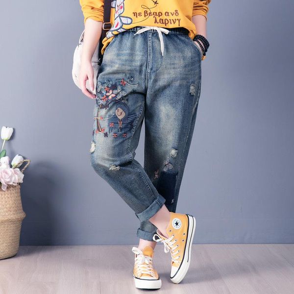 

women's jeans women spring summer fashion korea style vintage girl under tree embroidery oversize ankle length lady female loose harem, Blue