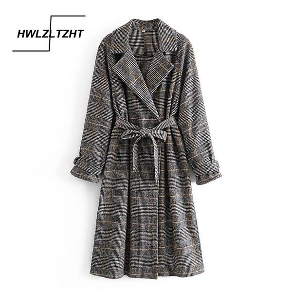 

women's wool & blends hwlzltzht elegant autumn winter overcoat turn down collar plaid woolen coat with belt cardigan plus size outwear, Black