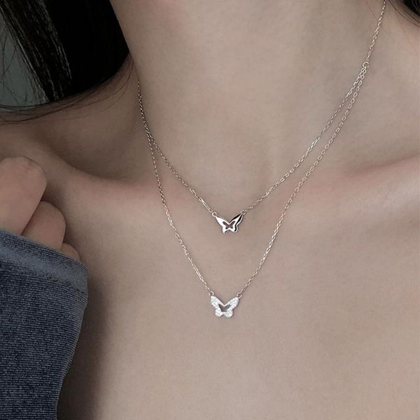 

shiny cz butterfly pendant necklace women girl double layer clavicle chain temperament jewelry accessories gift necklaces, Silver