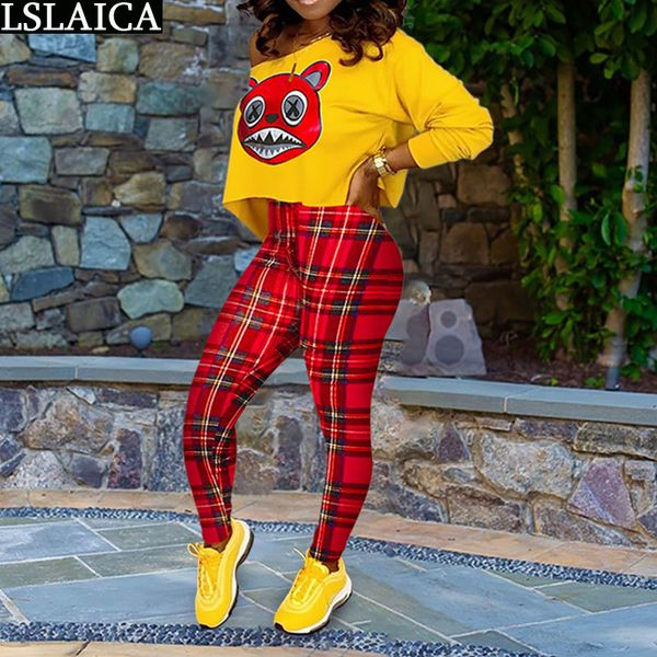

2 peice set women autumn grid print long sleeve plus size clothing for two piece and pants roupas femininas 210520, White