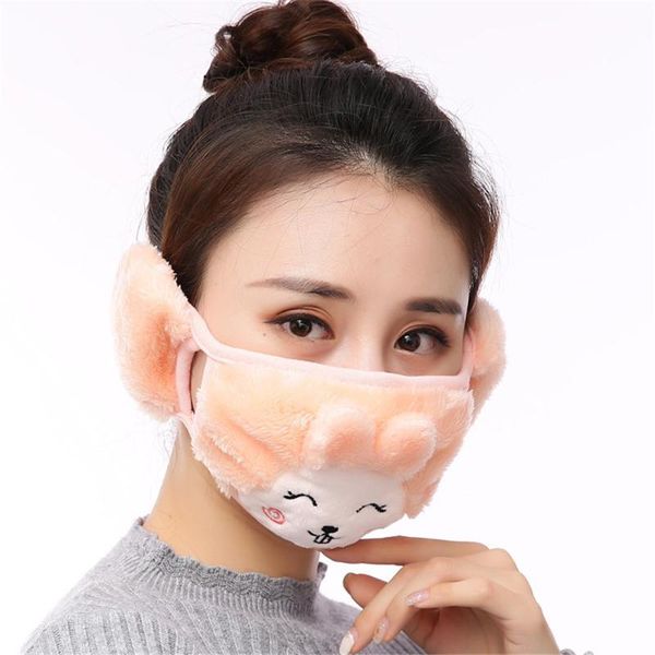 

berets 2021 winter warm earmuffs mask coral velvet cold proof cartoon woman two in one student gift, Blue;gray