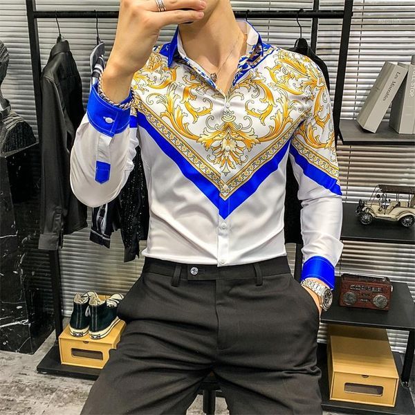 

luxury gold printed shirt men social party dress shirts slim fit long sleeve blouse male streetwear clothing chemise homme men's casual, White;black