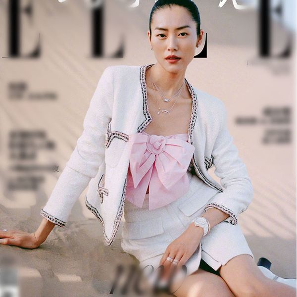

autumn winter runway white suit women four pockets wool tweed weave short jacket coat + woolen skirt set outfits 210416