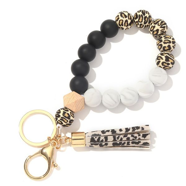 

new edible silicon beads bracelet wooden bead bracelet keychain tassel anti-lost key ring bracelet, Silver