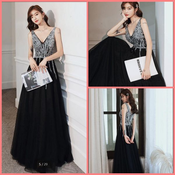 

robe de soiree 2021 black tulle a line heavily beading prom dress formal sleeveless deep v neckline floor length evening gowns elegant long, Black;red