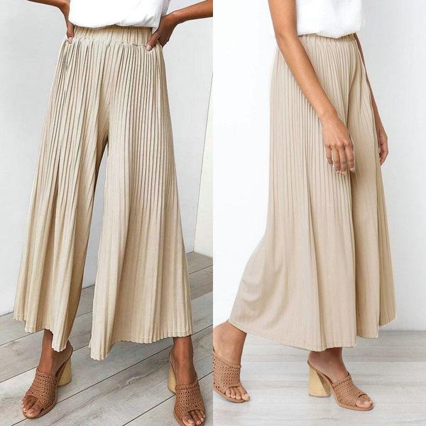 

women's pants & capris 2021 brand women ladies high waist pleated wide leg flare solid long casual loose trousers, Black;white