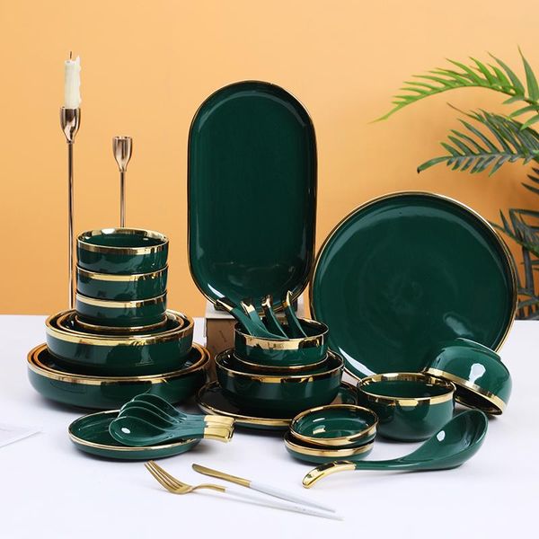 

dark green phnom penh dishes ceramic set kitchen household tableware rice bowl plate with spoon bowls
