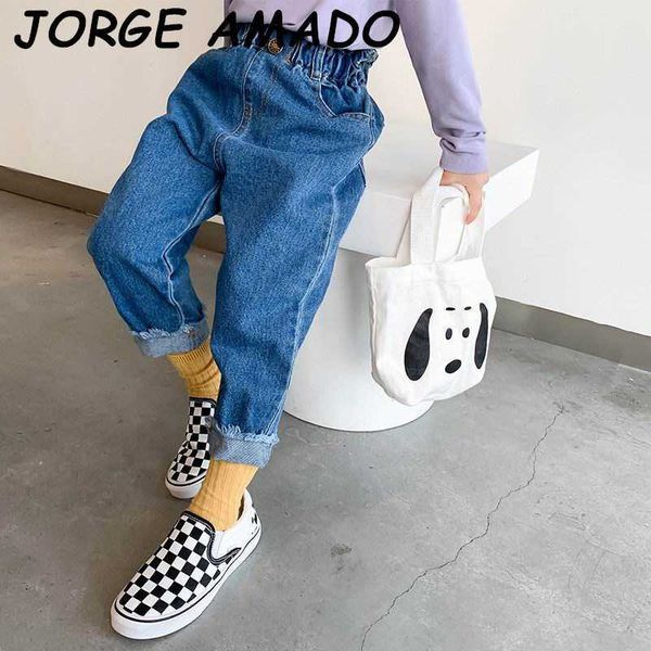 

girls jeans elastic high waist loose leisure denim pants long trousers children clothes 3-8y e8063 210610, Blue