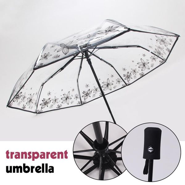 

umbrellas ladies small fresh portable clear automatic umbrella long handle transparent parasol three-fold rain