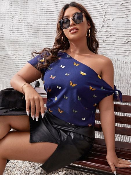 

plus butterfly print asymmetrical neck blouse v87x#, Black