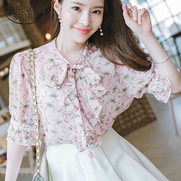

fashion women blouse and ladies harajuku blouse shirts chiffon ruffles print stand butterfly sleeve 2997 50 210527, White
