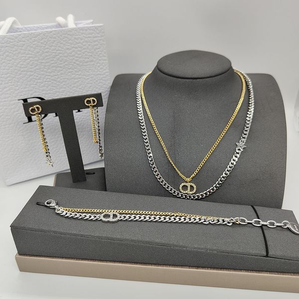 

g women earrings beautiful new women brass gold silver three piece set letter diamond earrings fashion necklace