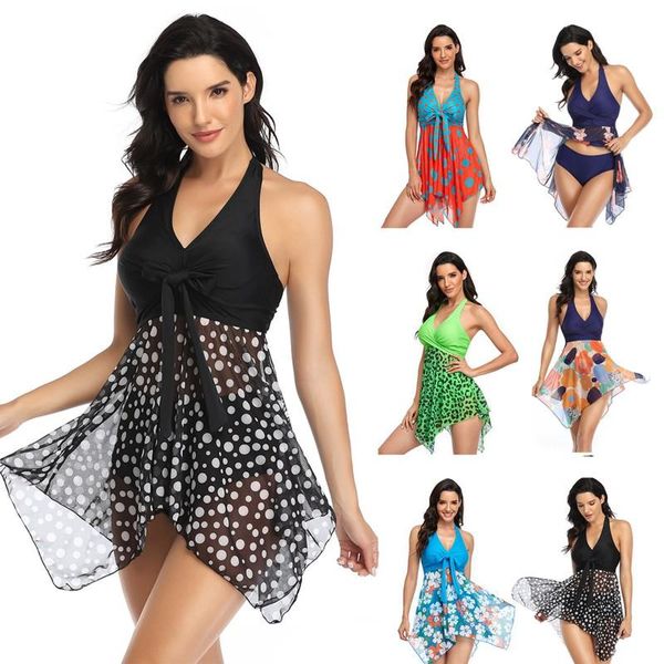 

bikinis 2021 woman two piece swimsuits with skirt deep v print vintage swim summer bathing suits swimming one-piece