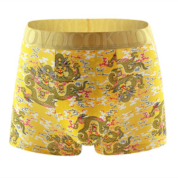 

underwear summer men's personality golden dragon print pattern flat underpants cotton breathable trend four corner pants, Black;white
