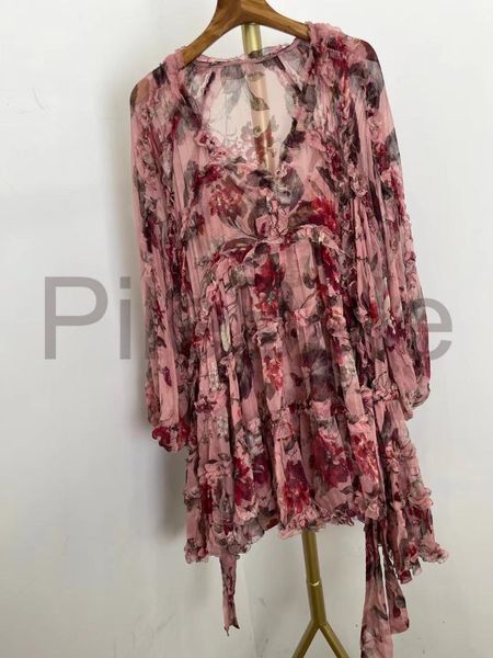 

casual dresses lady lantern sleeve fancy flower print 100% silk frill loose holiday prom robe, Black;gray