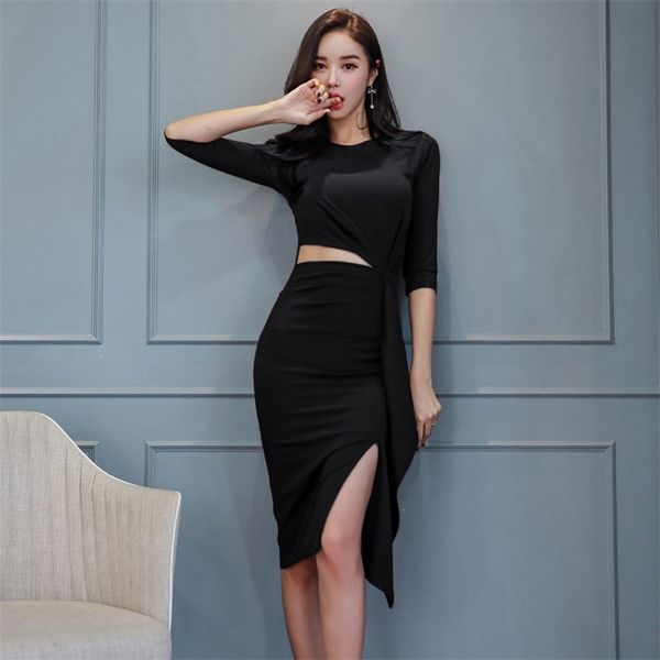 Unregelmäßige Sexy Nachtclub Kleid koreanische Damen Langarm Rundhals Büro Party Kleider für Frauen China Kleidung 210602