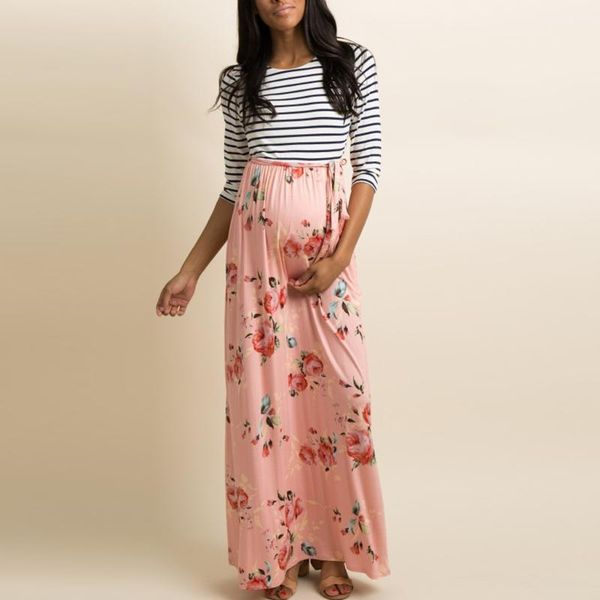 

woman maternity print wrap dress summer adjustable belt multi-function nursing pregnants ankle-leng clothes#3 dresses, White