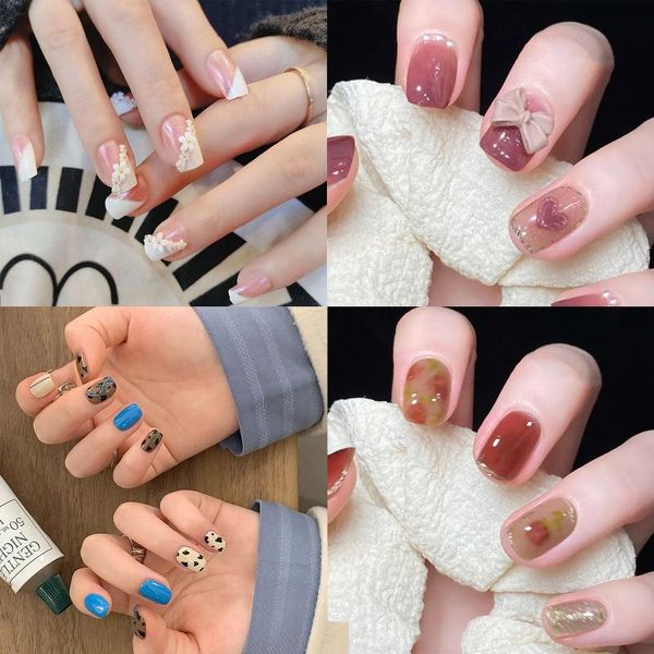 

false nails heart bow manicure tool artificial detachable wearable nail tips fake short round/square head, Red;gold