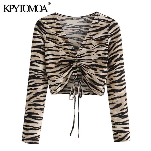 

women fashion with drawstring animal print cropped blouses vintage v neck long sleeve female shirts chic 210416, White