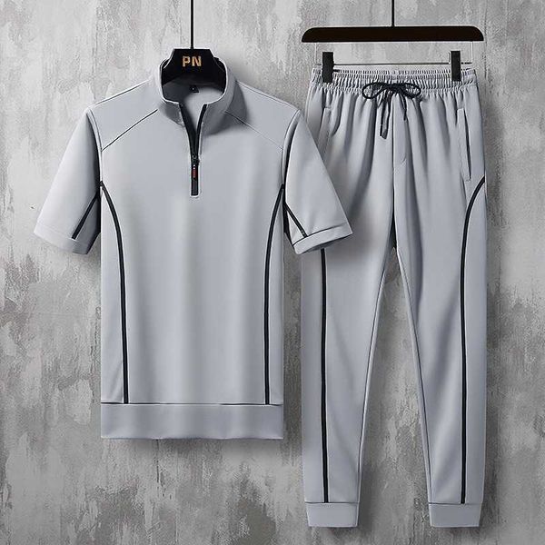 

men's sportswear summer stand collar short sleeve trousers youth round neck casual two piece suit fashion, Gray