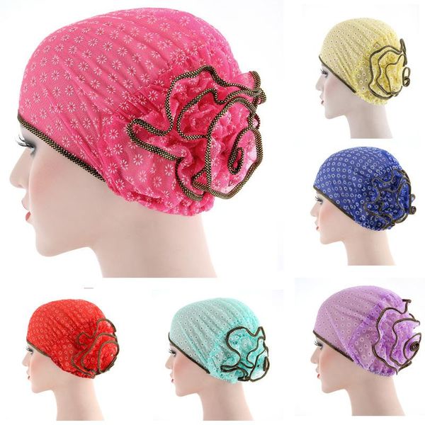 

beanie/skull caps satin flower turban bonnet for women muslim under hijab solid color islamic inner hijabs headwrap head cover cap, Blue;gray