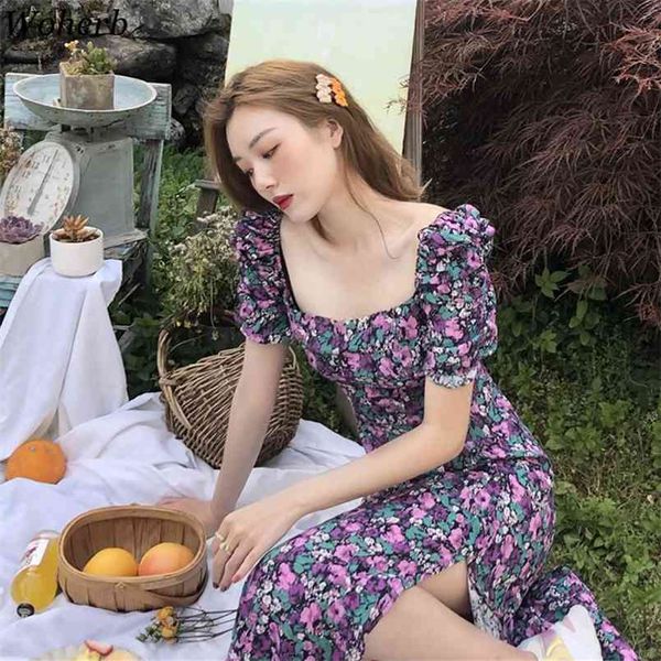 

elengant floral chic printing dress women square collar purple dresses all match short sleeves korean split vestidos 210519, Black;gray