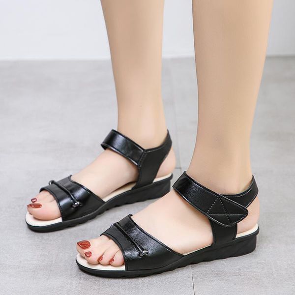 

sandals women female ladies mother pu leather shoes flats soft hook loop korean bling summer beach size 35-43 zapatillas mujer, Black
