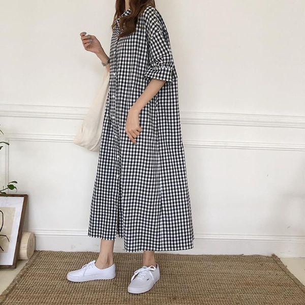 

casual dresses johnature summer plaid dress for women 2021 korean loose turn-down collar single-breasted half sleeve female, Black;gray
