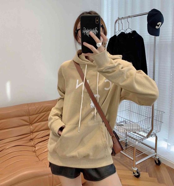 

brand hoodie 21 early autumn new ce letter arc de triomphe printing casual loose milk tea color hooded terry sweater for men and women, Black