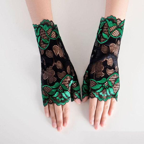 

bridal gloves green sunblock fingerless short silver lace floral for women bride prom st330, White
