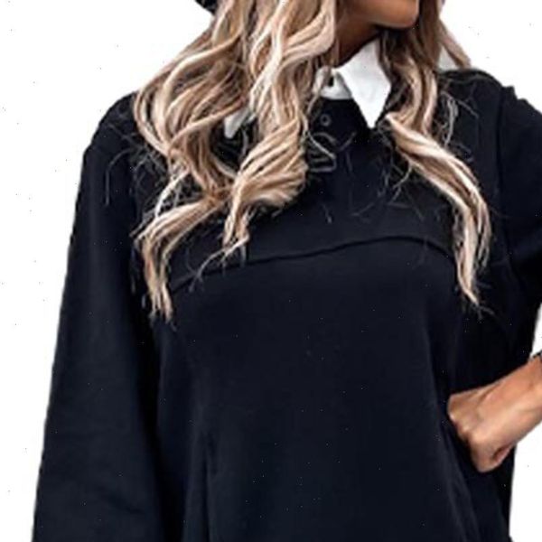 

autumn turn down collar women dress long sleeve patchwork buttons sweatshirt good quality woman clothes, Black;gray