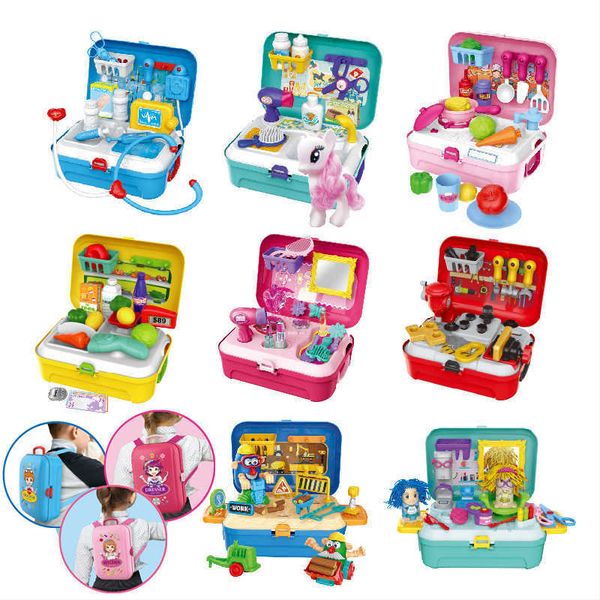 

children pretend play role house toys portable plastic backpack baby cooking kitchen doctor set for kids gift