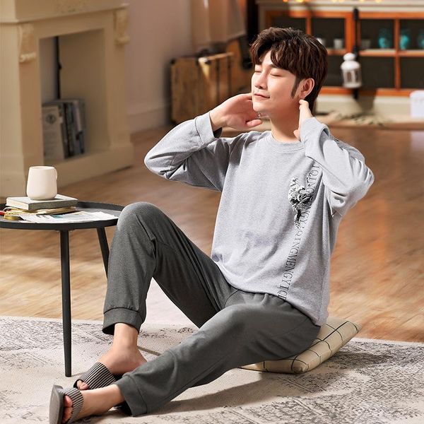 

men's sleepwear selling fashion men's home service two-piece cotton men printed round neck pullover pajamas casual autumn simple, Black;brown