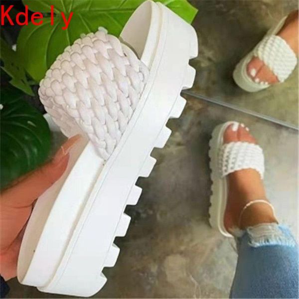 

slippers women's sandals 2021 summer style fashion thick-soled flat woven solid color indoor wedges, Black