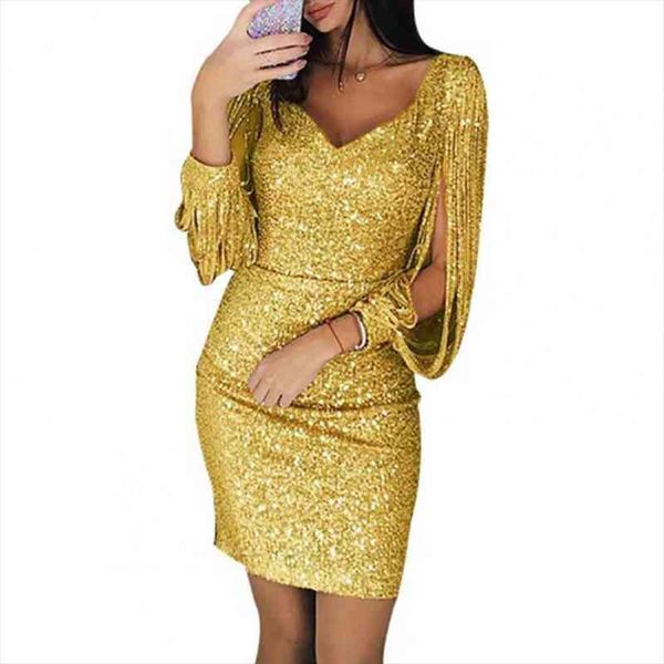 

sequins glitter mini solid women dress color long sleeve v neck tassels waist tight lady party dresses, Black;gray