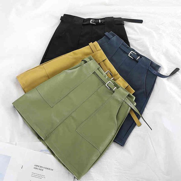 

skirts autumn & winter women fashion solid belt pocket pu leather miniskirt urban ladies high waist above knee a-line short s, Black